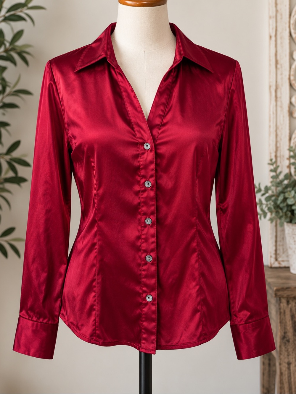 Talbots Stretch Size 10 Red 96% Silk Button Front Blouse Long Sleeve